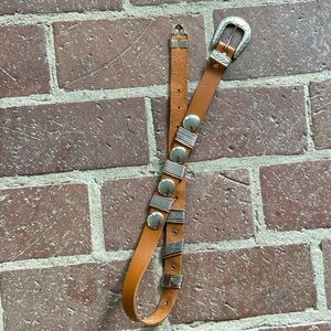 Pearl Vintage Leather Carmel Colored Belt with Silver Decorative Design